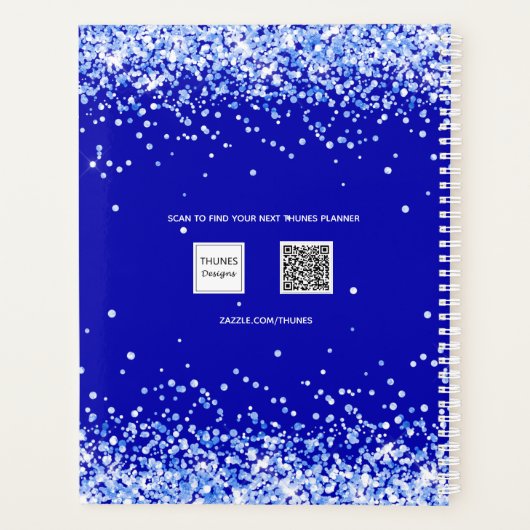Royal blue glitter sprankelt naam glam 2026 planner (Achterkant)