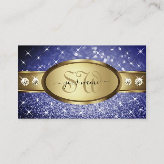 Royal Blue Glitter Stars Diamonds Initialen Gold Visitekaartje (Voorkant)