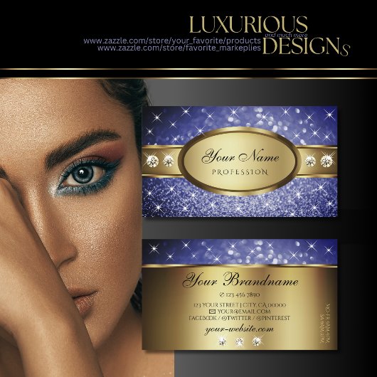 Royal Blue Glitter Sterren Diamanten Shimmery Goud Visitekaartje