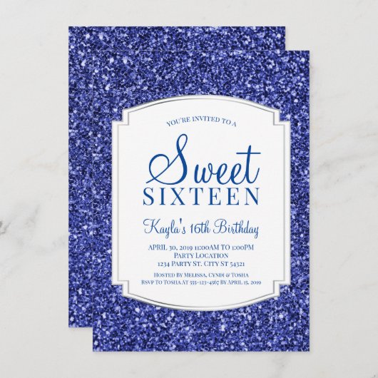 Royal Blue Glitter Sweet 16 Uitnodigingen (Voorkant / Achterkant)
