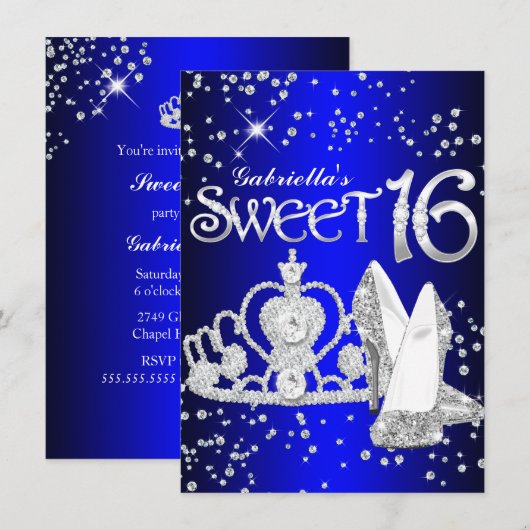 Royal Blue Glitter Tiara & Heels Sweet 16 Invite Kaart (Voorkant / Achterkant)