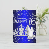 Royal Blue Glitter Tiara & Heels Sweet 16 Invite Kaart (Staand voorkant)