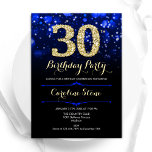 Royal Blue Gold 30e verjaardag Kaart<br><div class="desc">30e verjaardag uitnodiging. Elegant koninklijk blauw ontwerp met faux glitter goud. Beschikt over stijlvolle diamanten, bokeh-lampjes en scriptlettertype. Vrouwen of mannen bday nodigen uit. Perfect voor een stijlvol verjaardagsfeestje voor volwassenen. Personaliseer met uw eigen gegevens. Stuur me een bericht als je nog meer maatwerk nodig hebt. Gedrukte Zazzle-uitnodigingen of direct...</div>
