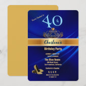 Royal Blue & Gold 40th Birthday Party Invitation Kaart (Voorkant / Achterkant)