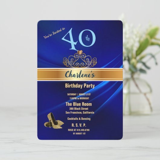 Royal Blue & Gold 40th Birthday Party Invitation Kaart (Staand voorkant)