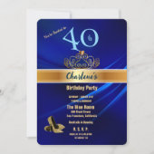 Royal Blue & Gold 40th Birthday Party Invitation Kaart (Voorkant)