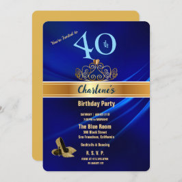 Royal Blue & Gold 40th Birthday Party Invitation Kaart