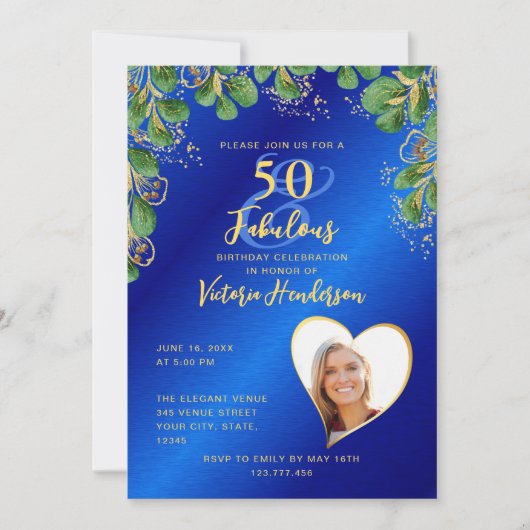 Royal Blue & Gold 50 & Fabulous Greenery Birthday Kaart (Voorkant)
