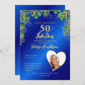 Royal Blue & Gold 50 & Fabulous Greenery Birthday Kaart (Voorkant / Achterkant)