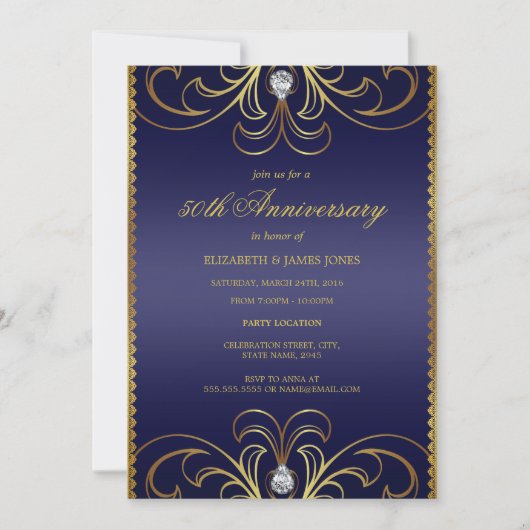 Royal Blue & Gold 50th Wedding Jubileum Invite Kaart (Voorkant)