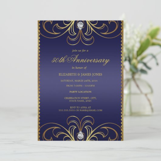 Royal Blue & Gold 50th Wedding Jubileum Invite Kaart (Staand voorkant)