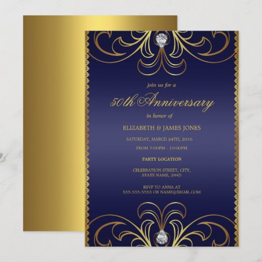 Royal Blue & Gold 50th Wedding Jubileum Invite Kaart (Voorkant / Achterkant)