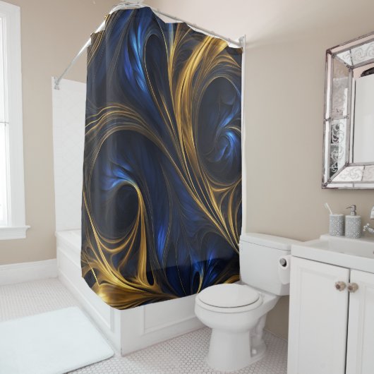 Royal Blue Gold Abstract Swirl Douchegordijn (In situ)