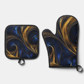 Royal Blue Gold Abstract Swirl Ovenwant & Pannenlap Set (Voorkant)