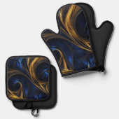 Royal Blue Gold Abstract Swirl Ovenwant & Pannenlap Set (Voorkant / Achterkant)