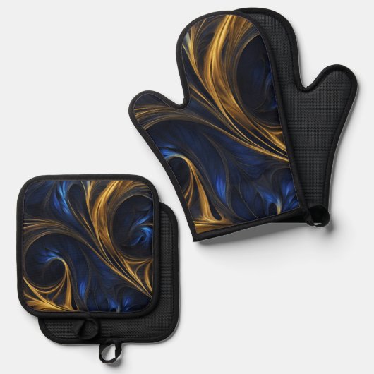 Royal Blue Gold Abstract Swirl Ovenwant & Pannenlap Set (Voorkant / Achterkant)