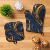 Royal Blue Gold Abstract Swirl Ovenwant & Pannenlap Set (Top down)