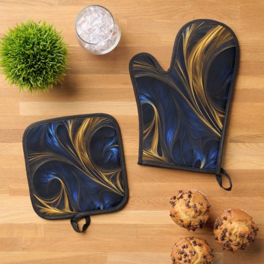 Royal Blue Gold Abstract Swirl Ovenwant & Pannenlap Set (Top down)