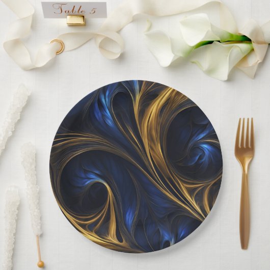 Royal Blue Gold Abstract Swirl Papieren Bordje (Huwelijk)