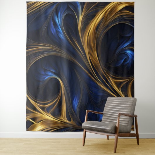 Royal Blue Gold Abstract Swirl Wandkleed (In situ)