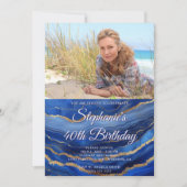 Royal Blue Gold Agaat Elegante Foto 40e Verjaardag Kaart (Voorkant)