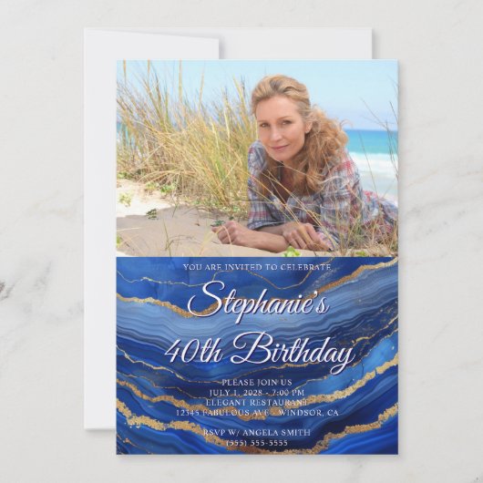 Royal Blue Gold Agaat Elegante Foto 40e Verjaardag Kaart (Voorkant)