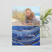 Royal Blue Gold Agaat Elegante Foto 40e Verjaardag Kaart (Staand voorkant)