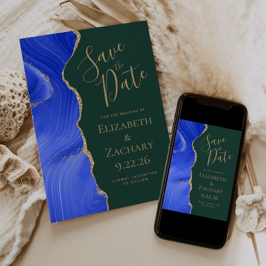 Royal Blue Gold Agaat Emerald Green Save the Date Kaart
