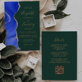 Royal Blue Gold Agaat Emerald QR Code Wedding Kaart