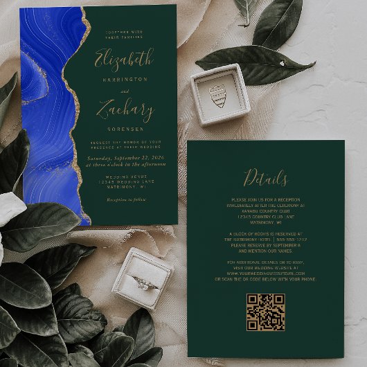 Royal Blue Gold Agaat Emerald QR Code Wedding Kaart