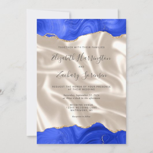 Royal Blue Gold Agate Ivory Silk Wedding Kaart (Voorkant)