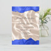 Royal Blue Gold Agate Ivory Silk Wedding Kaart (Staand voorkant)
