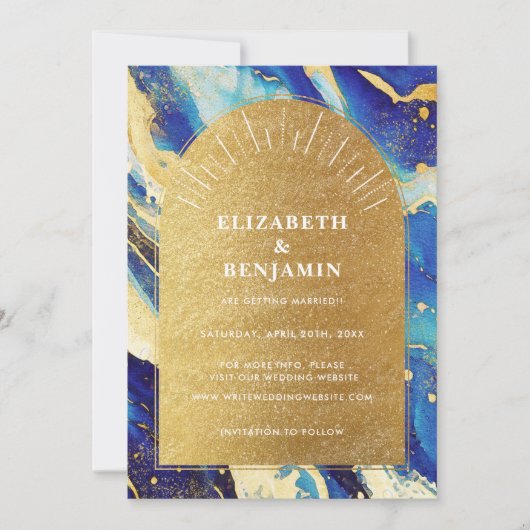 Royal Blue Gold Arch Trouwfoto Bewaar de datum Save The Date (Voorkant)