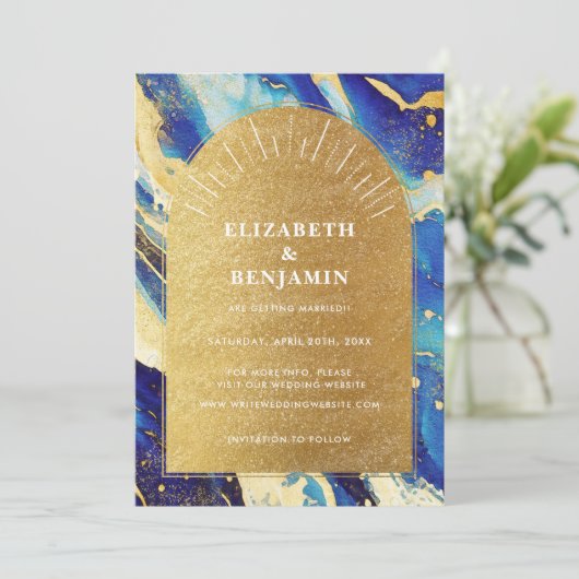 Royal Blue Gold Arch Trouwfoto Bewaar de datum Save The Date (Staand voorkant)