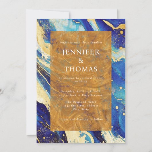 Royal Blue Gold bruiloft uitnodiging met QR-code (Voorkant)