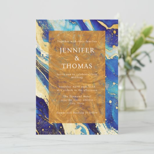 Royal Blue Gold bruiloft uitnodiging met QR-code (Staand voorkant)