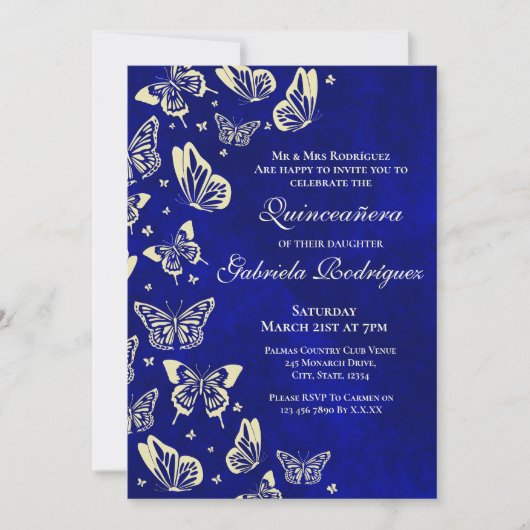 Royal Blue & Gold Butterfly 15e verjaardagsfeest Kaart (Voorkant)
