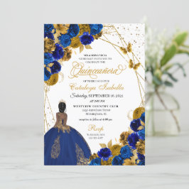 Royal Blue Gold Butterfly Princess Quinceanera Kaart