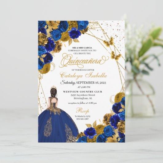 Royal Blue Gold Butterfly Princess Quinceanera Kaart (Staand voorkant)