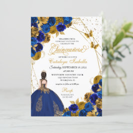 Royal Blue Gold Butterfly Princess Quinceanera Kaart
