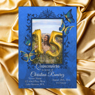 Royal Blue, Gold Butterfly Quinceanera Invitation Kaart