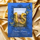 Royal Blue, Gold Butterfly Quinceanera Invitation Kaart
