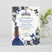 Royal Blue Gold Butterfly Quinceañera Invite Kaart (Staand voorkant)