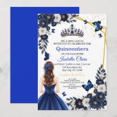 Royal Blue Gold Butterfly Quinceañera Invite Kaart (Voorkant / Achterkant)