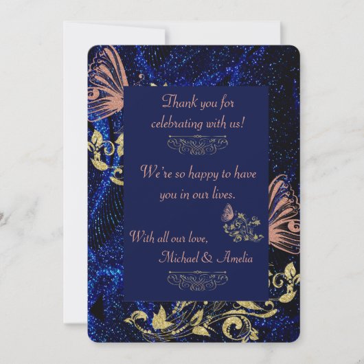 Royal Blue Gold Butterfly Wedding Bedankt Card (Voorkant)