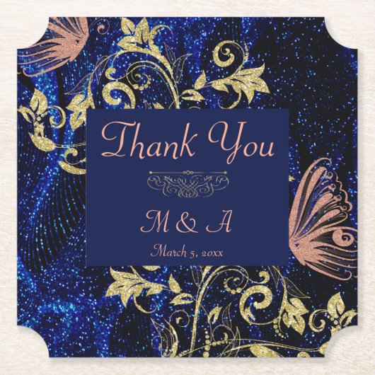 Royal Blue Gold Butterfly Wedding Kartonnen Onderzetters (Voorkant)