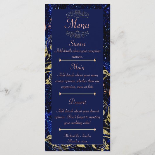 Royal Blue Gold Butterfly Wedding Menu (Voorkant)