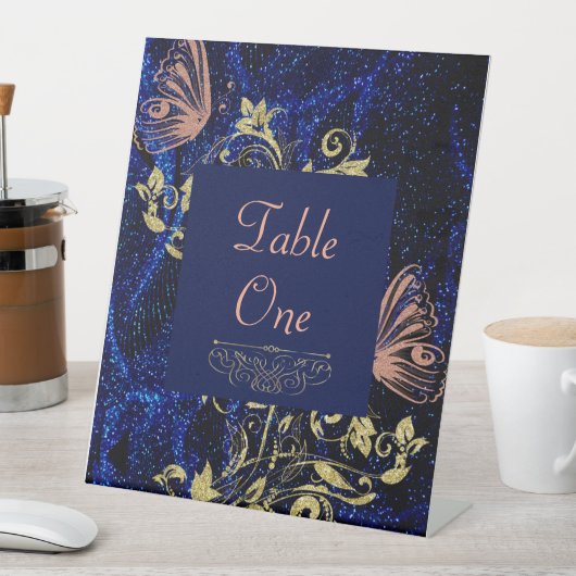 Royal Blue Gold Butterfly Wedding Reclamebord Met Voetstuk (Insitu)