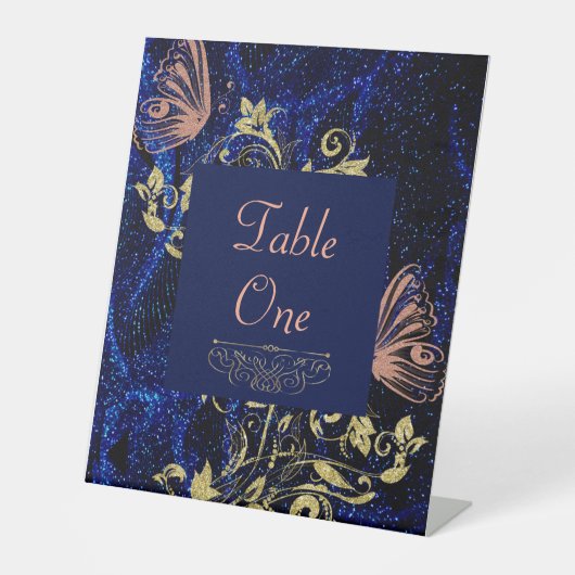 Royal Blue Gold Butterfly Wedding Reclamebord Met Voetstuk (Voorkant)