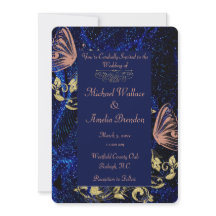 Royal Blue Gold Butterfly Wedding Round Uitnodigin